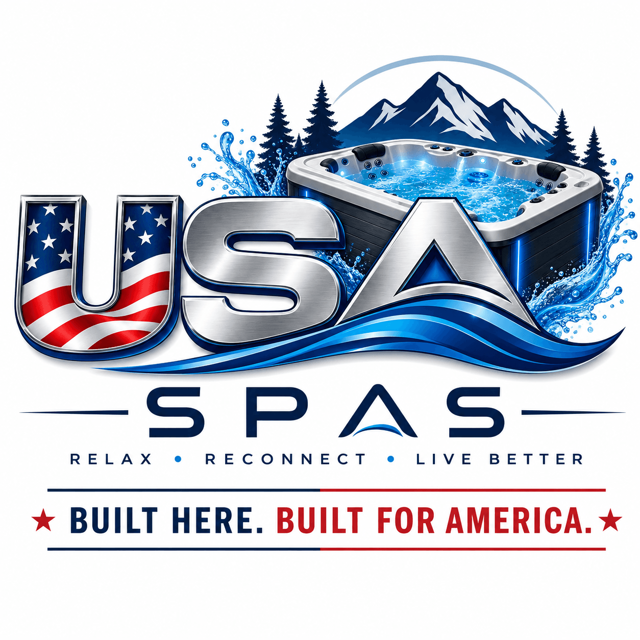 USA Spas logo with hot tub and mountain emblem